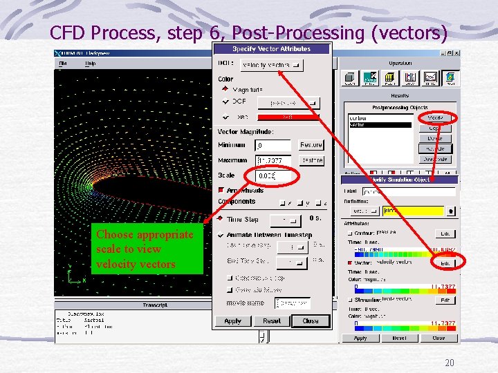 CFD Process, step 6, Post-Processing (vectors) Choose appropriate scale to view velocity vectors 20