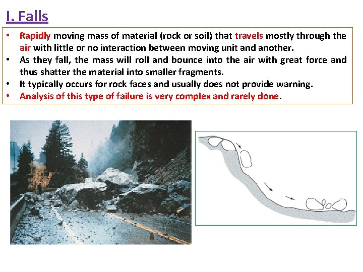 I. Falls • Rapidly moving mass of material (rock or soil) that travels mostly