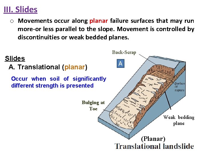 III. Slides o Movements occur along planar failure surfaces that may run more-or less