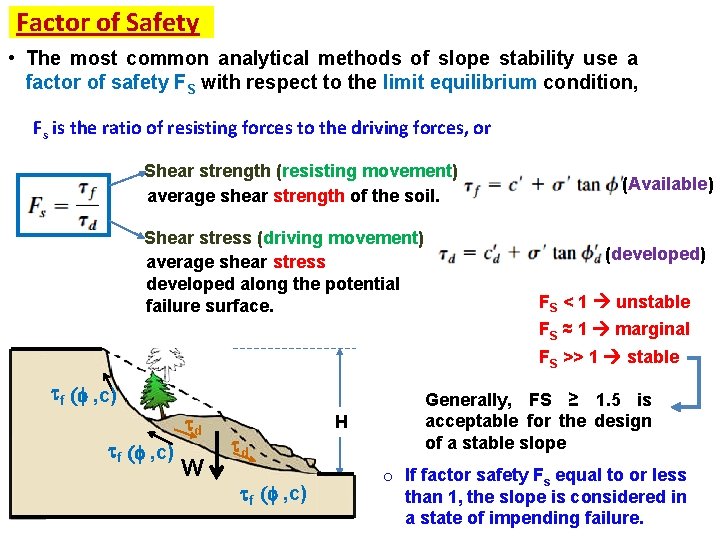 Factor of Safety • The most common analytical methods of slope stability use a