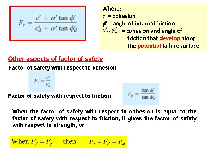 Where: c’ = cohesion f’ = angle of internal friction = cohesion and angle