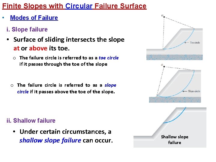 Finite Slopes with Circular Failure Surface • Modes of Failure i. Slope failure •