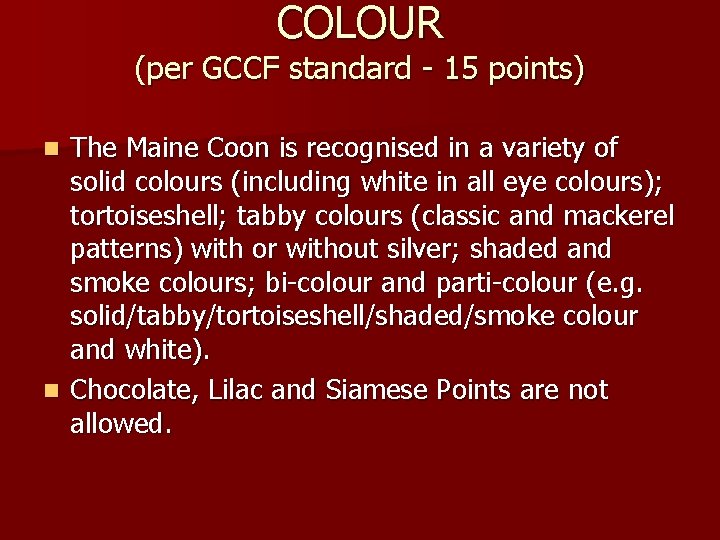COLOUR (per GCCF standard - 15 points) The Maine Coon is recognised in a