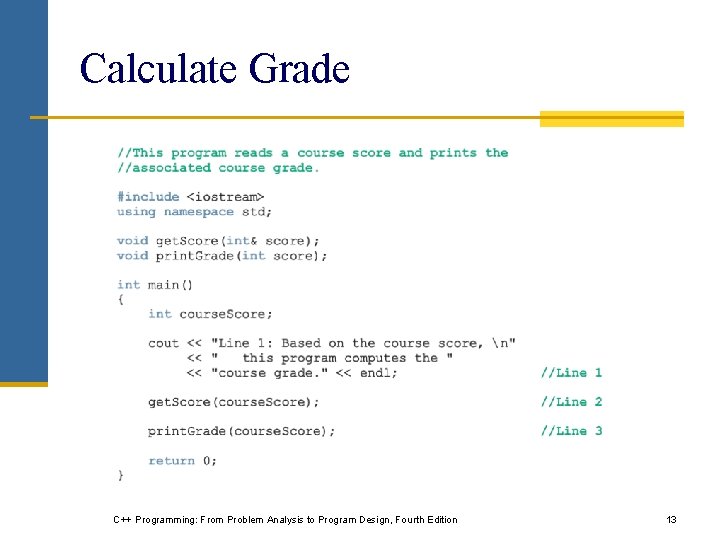 Calculate Grade C++ Programming: From Problem Analysis to Program Design, Fourth Edition 13 Calculate Grade C++ Programming: From Problem Analysis to Program Design, Fourth Edition 13