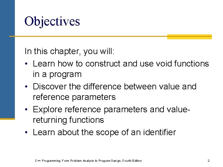 Objectives In this chapter, you will: • Learn how to construct and use void Objectives In this chapter, you will: • Learn how to construct and use void