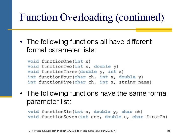 Function Overloading (continued) • The following functions all have different formal parameter lists: • Function Overloading (continued) • The following functions all have different formal parameter lists: •