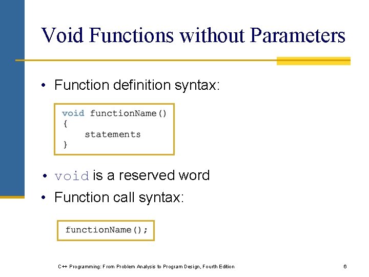 Void Functions without Parameters • Function definition syntax: • void is a reserved word Void Functions without Parameters • Function definition syntax: • void is a reserved word