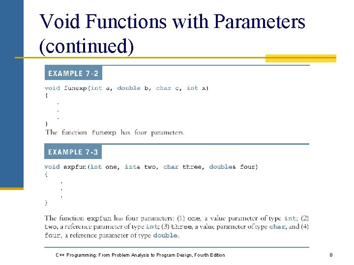 Void Functions with Parameters (continued) C++ Programming: From Problem Analysis to Program Design, Fourth Void Functions with Parameters (continued) C++ Programming: From Problem Analysis to Program Design, Fourth