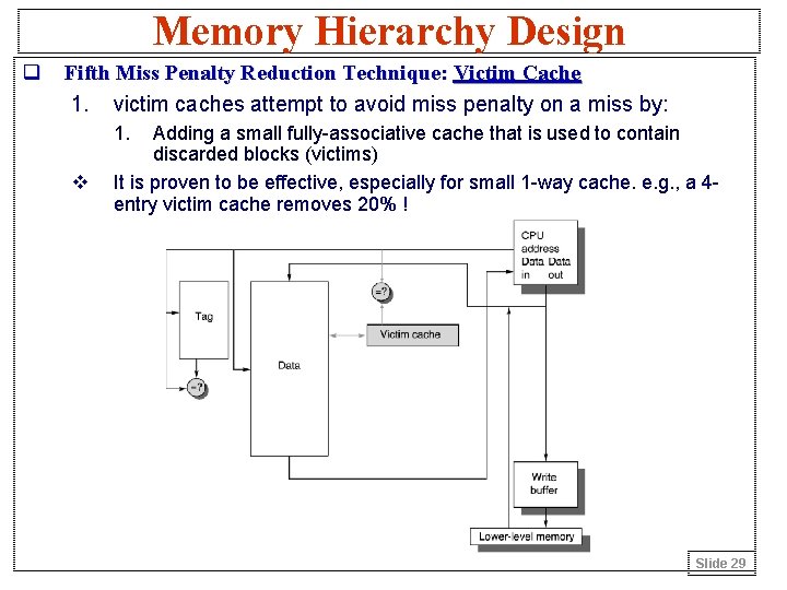 Memory Hierarchy Design q Fifth Miss Penalty Reduction Technique: Victim Cache 1. victim caches