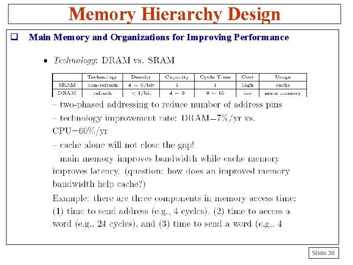 Memory Hierarchy Design q Main Memory and Organizations for Improving Performance Slide 38 