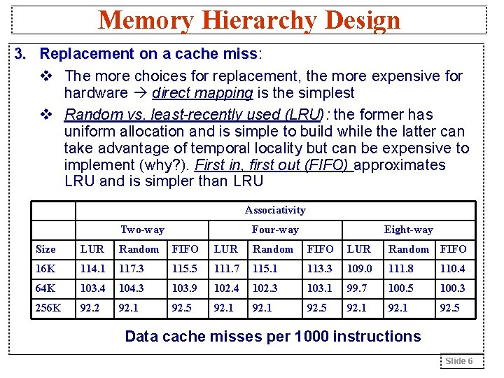 Memory Hierarchy Design 3. Replacement on a cache miss: miss v The more choices