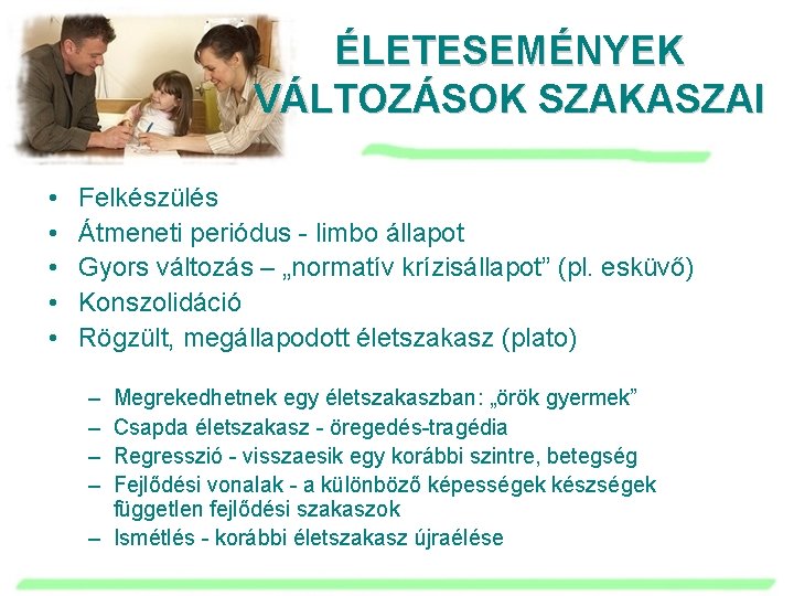 ÉLETESEMÉNYEK VÁLTOZÁSOK SZAKASZAI • • • Felkészülés Átmeneti periódus - limbo állapot Gyors változás