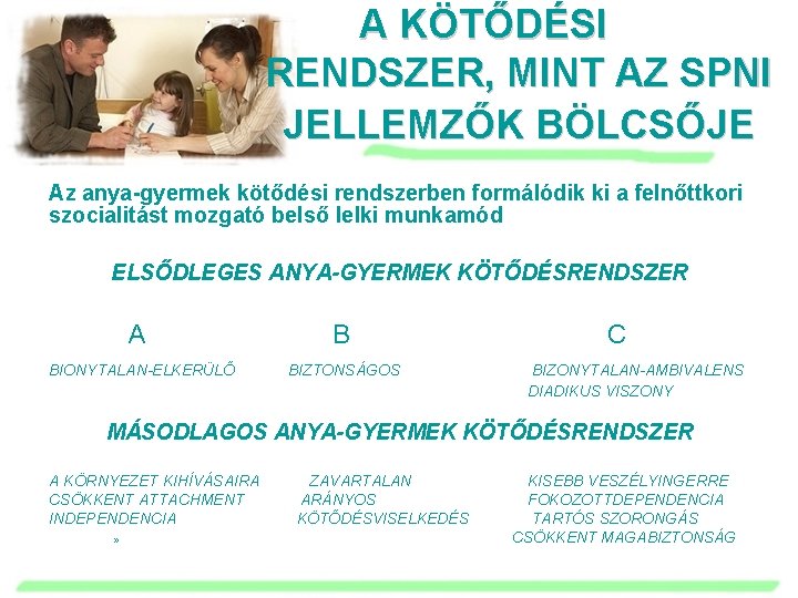 A KÖTŐDÉSI RENDSZER, MINT AZ SPNI JELLEMZŐK BÖLCSŐJE Az anya-gyermek kötődési rendszerben formálódik ki