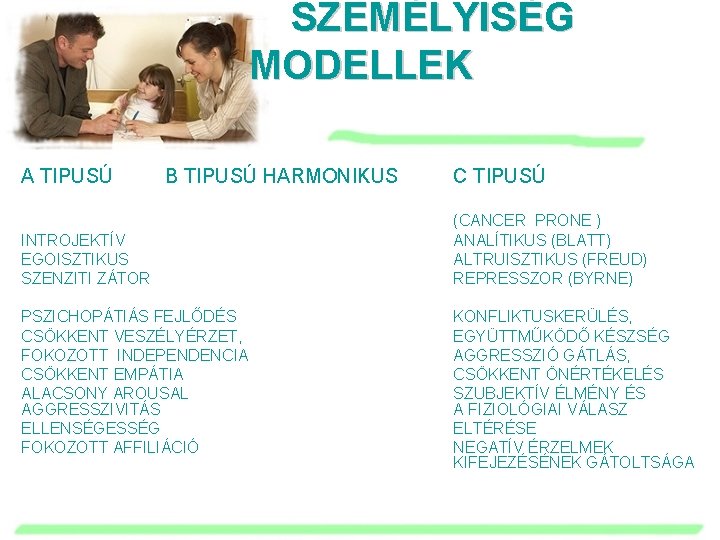 SZEMÉLYISÉG MODELLEK A TIPUSÚ B TIPUSÚ HARMONIKUS INTROJEKTÍV EGOISZTIKUS SZENZITI ZÁTOR PSZICHOPÁTIÁS FEJLŐDÉS CSÖKKENT