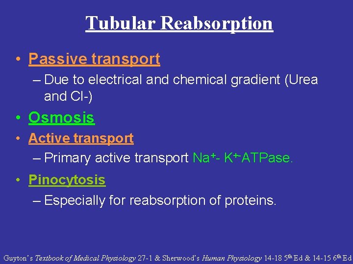 Tubular Reabsorption • Passive transport – Due to electrical and chemical gradient (Urea and