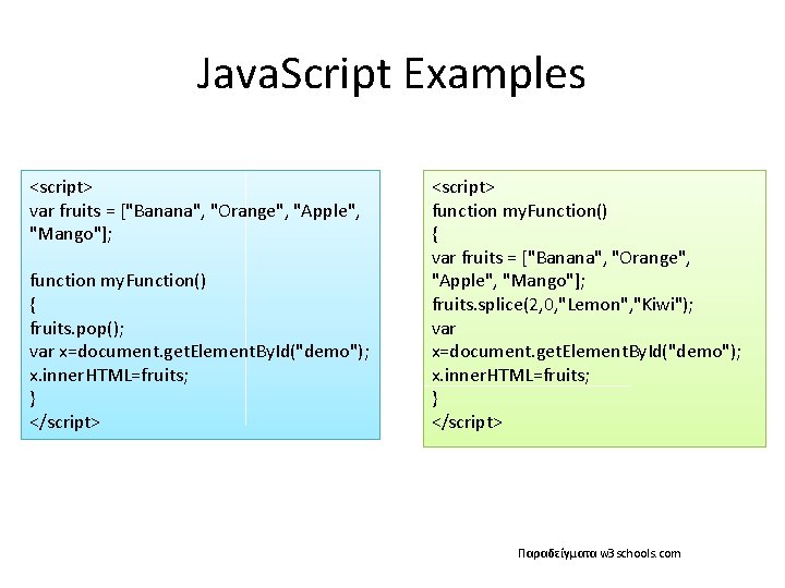 Java. Script Examples <script> var fruits = ["Banana", "Orange", "Apple", "Mango"]; function my. Function()