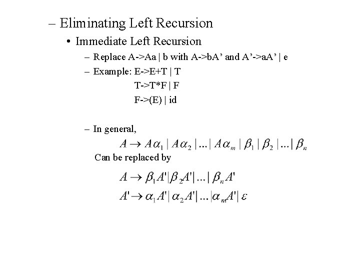 – Eliminating Left Recursion • Immediate Left Recursion – Replace A->Aa | b with