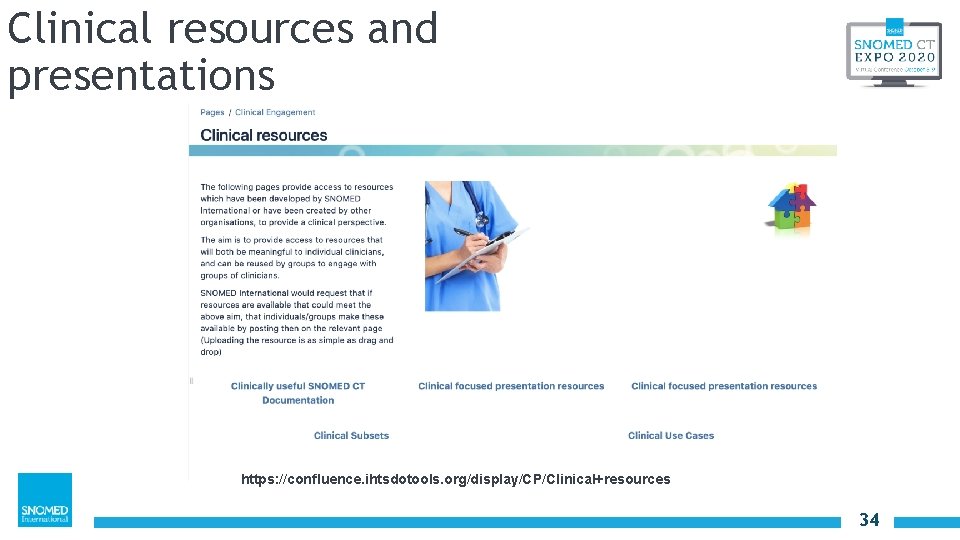 Clinical resources and presentations https: //confluence. ihtsdotools. org/display/CP/Clinical+resources 34 