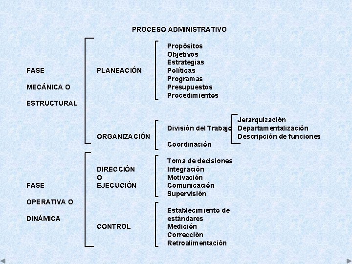 PROCESO ADMINISTRATIVO FASE PLANEACIÓN MECÁNICA O Propósitos Objetivos Estrategias Políticas Programas Presupuestos Procedimientos ESTRUCTURAL