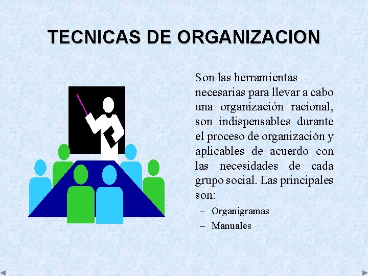 TECNICAS DE ORGANIZACION Son las herramientas necesarias para llevar a cabo una organización racional,