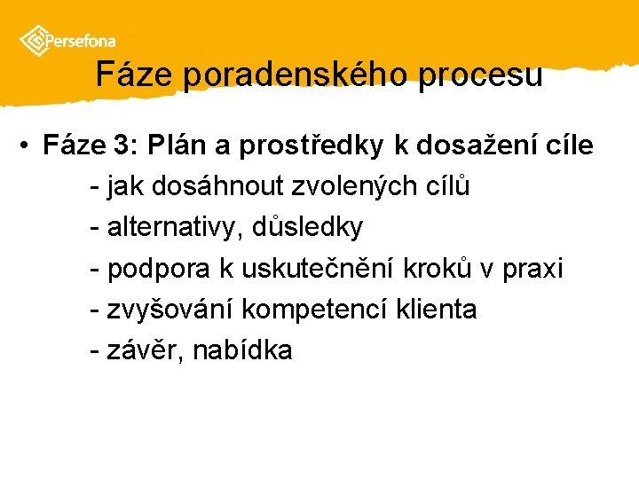 Fáze poradenského procesu • Fáze 3: Plán a prostředky k dosažení cíle - jak