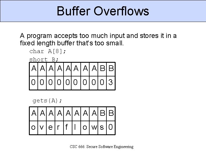 Buffer Overflows A program accepts too much input and stores it in a fixed