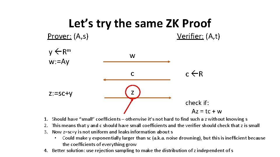 Let’s try the same ZK Proof Prover: (A, s) y Rm w: =Ay Verifier: