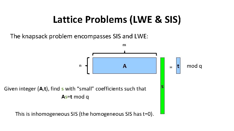 Lattice Problems (LWE & SIS) The knapsack problem encompasses SIS and LWE: m n