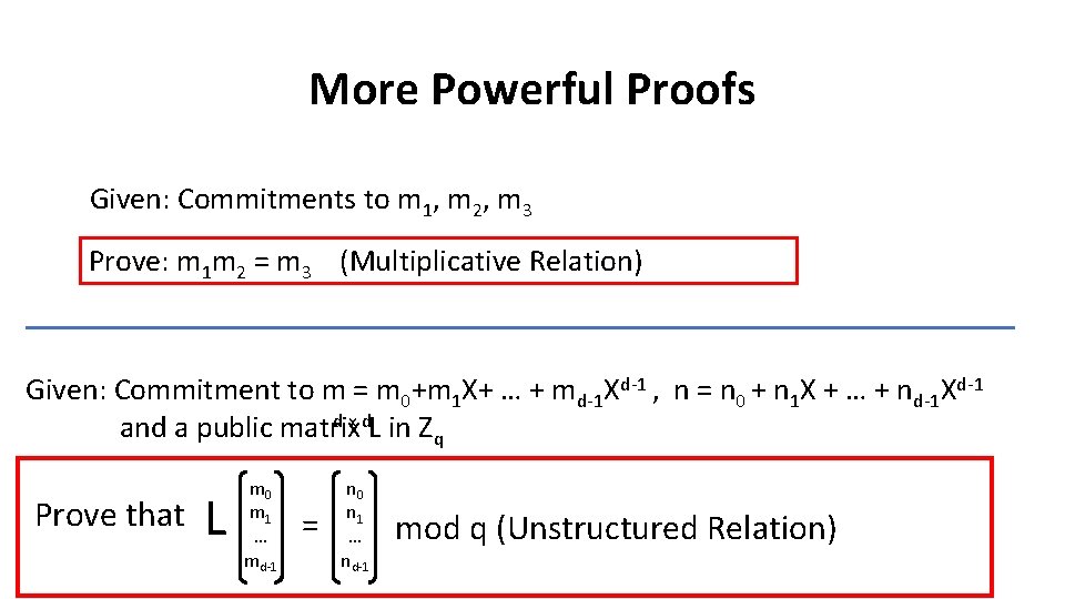 More Powerful Proofs Given: Commitments to m 1, m 2, m 3 Prove: m