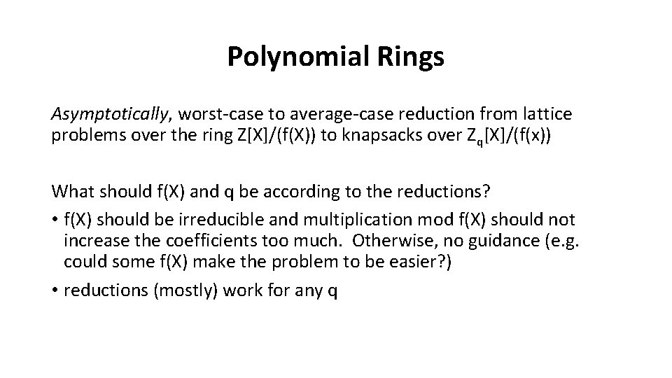 Polynomial Rings Asymptotically, worst-case to average-case reduction from lattice problems over the ring Z[X]/(f(X))