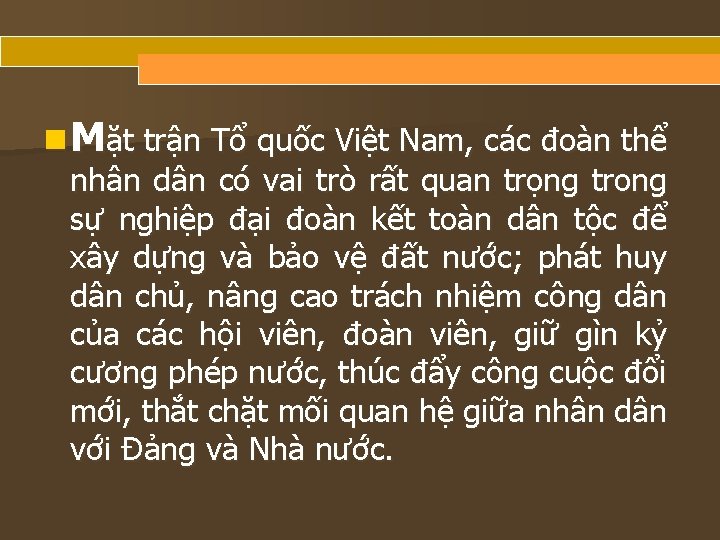n Mặt trận Tổ quốc Việt Nam, các đoàn thể nhân dân có vai