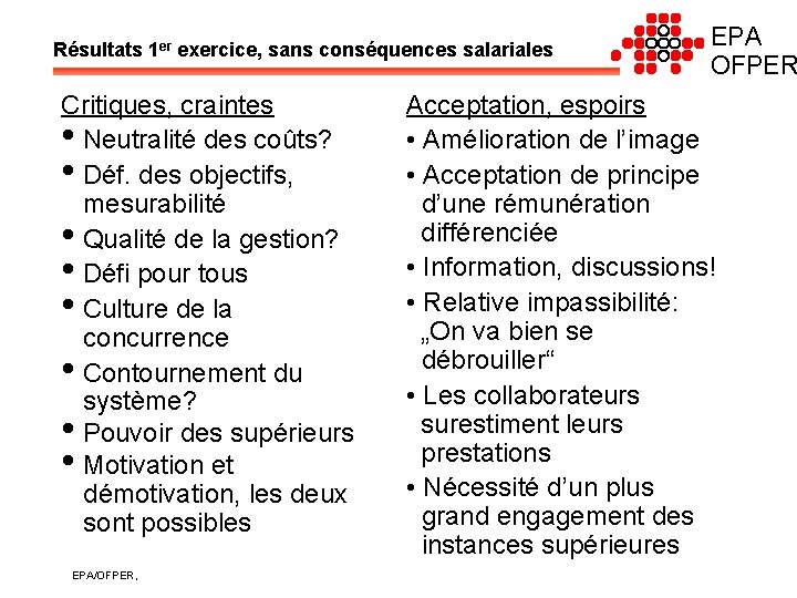 Résultats 1 er exercice, sans conséquences salariales Critiques, craintes • Neutralité des coûts? •