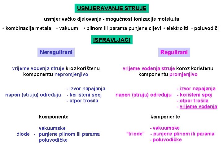 USMJERAVANJE STRUJE usmjerivačko djelovanje - mogućnost ionizacije molekula • kombinacija metala • vakuum •