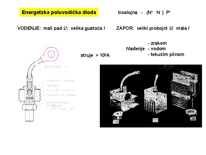 Energetska poluvodička dioda VOĐENJE: mali pad U; velika gustoća I struje > 103 A