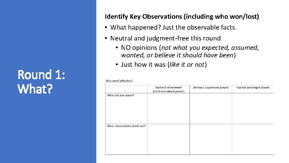 Round 1: What? Identify Key Observations (including who won/lost) • What happened? Just the