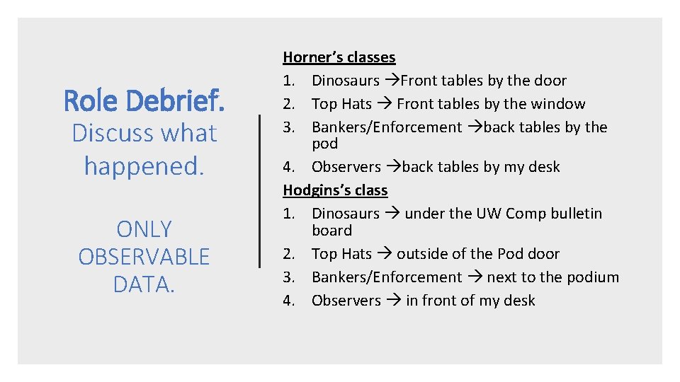 Role Debrief. Discuss what happened. ONLY OBSERVABLE DATA. Horner’s classes 1. Dinosaurs Front tables