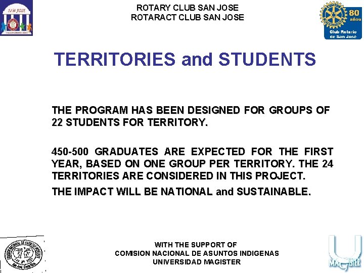 ROTARY CLUB SAN JOSE ROTARACT CLUB SAN JOSE TERRITORIES and STUDENTS THE PROGRAM HAS