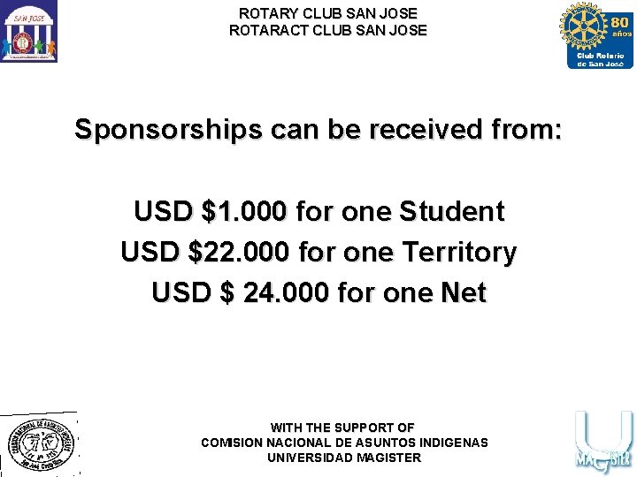 ROTARY CLUB SAN JOSE ROTARACT CLUB SAN JOSE Sponsorships can be received from: USD