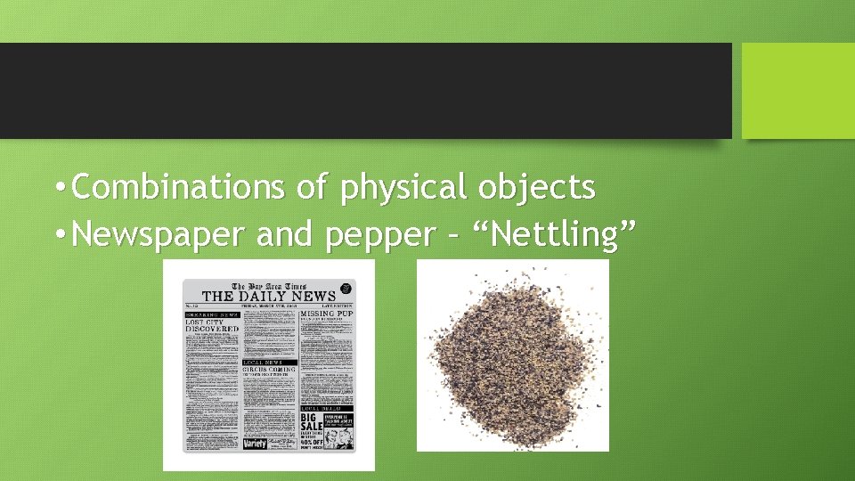  • Combinations of physical objects • Newspaper and pepper – “Nettling” 