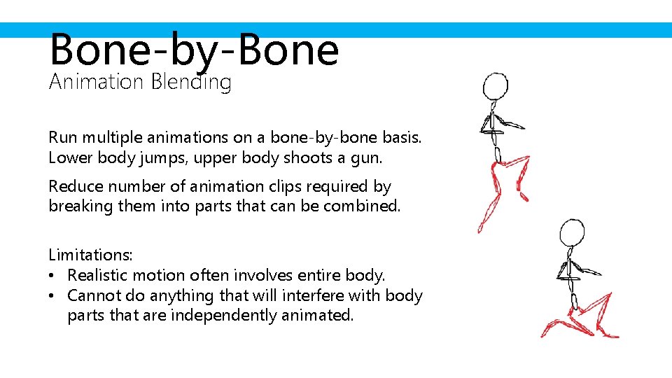 Bone-by-Bone Animation Blending Run multiple animations on a bone-by-bone basis. Lower body jumps, upper