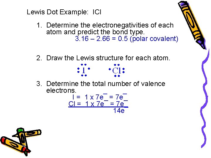 Lewis Dot Example: ICl 1. Determine the electronegativities of each atom and predict the