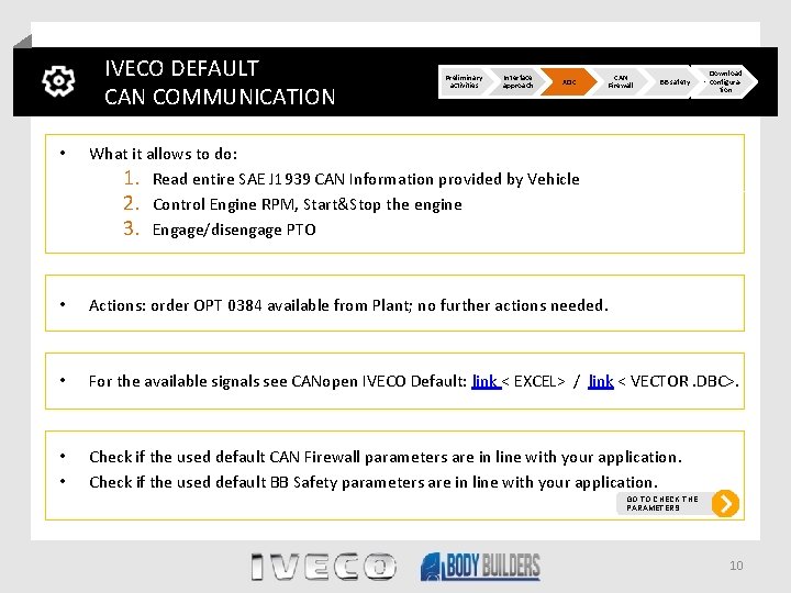 IVECO DEFAULT CAN COMMUNICATION Preliminary activities Interface approach XDC CAN Firewall BB safety Download