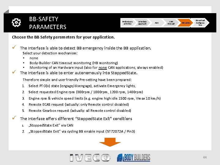 BB-SAFETY PARAMETERS Preliminary activities Interface approach XDC CAN Firewall BB safety Download configuration Choose