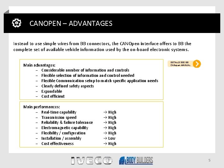 CANOPEN – ADVANTAGES Instead to use simple wires from BB connectors, the CANOpen interface