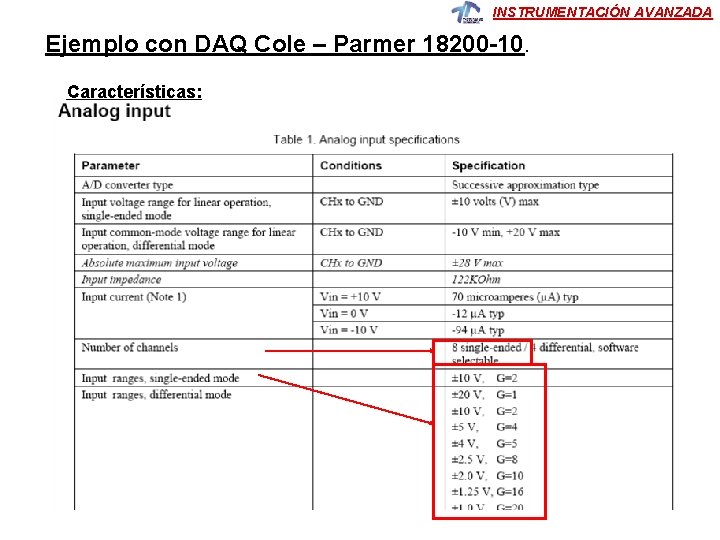 INSTRUMENTACIÓN AVANZADA Ejemplo con DAQ Cole – Parmer 18200 -10. Características: 