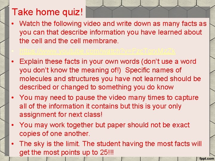 Take home quiz! • Watch the following video and write down as many facts