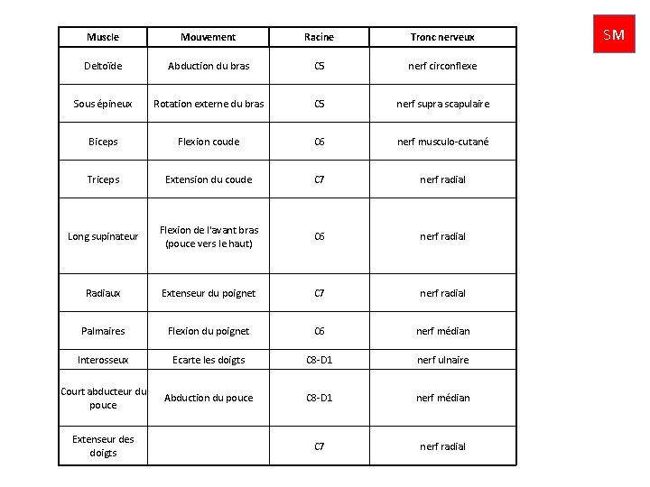 Muscle Mouvement Racine Tronc nerveux Deltoïde Abduction du bras C 5 nerf circonflexe Sous