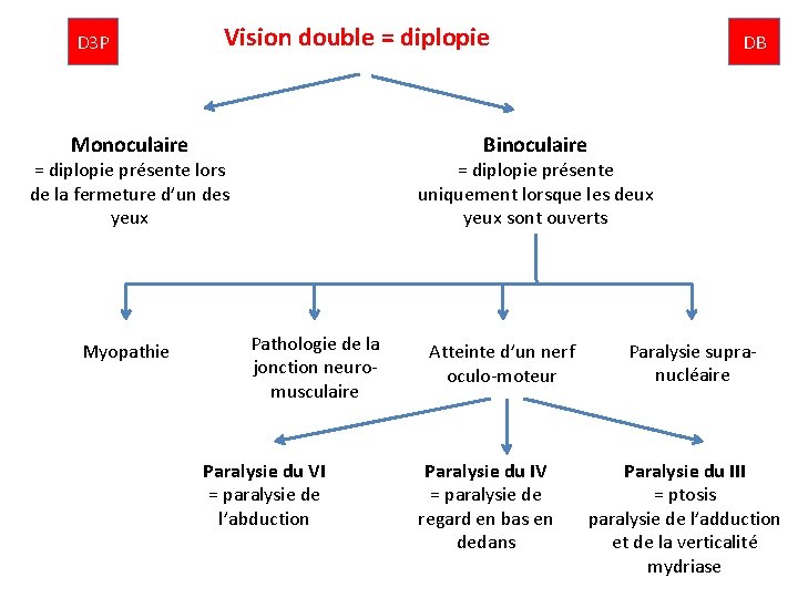 D 3 P Vision double = diplopie Monoculaire Binoculaire = diplopie présente lors de