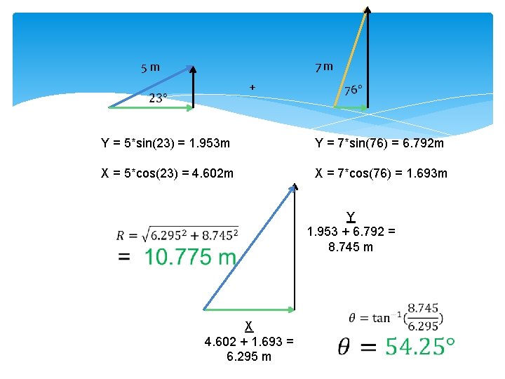 7 m 5 m + Y = 5*sin(23) = 1. 953 m Y =